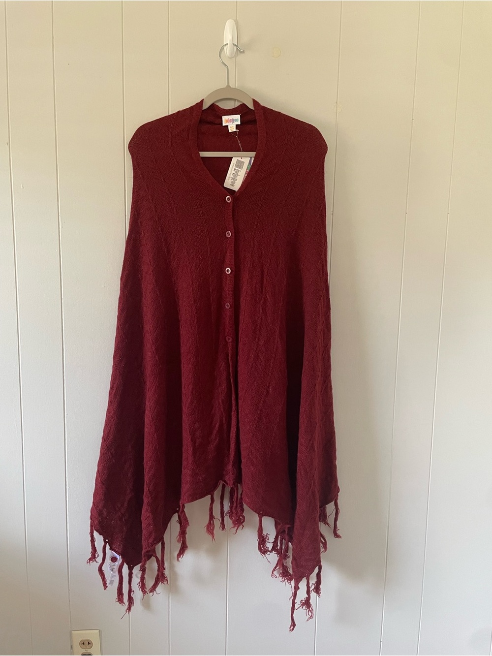 Lularoe Burgundy Red Button Front Open Cardigan Shawl Wrap Fringe O/S NWT